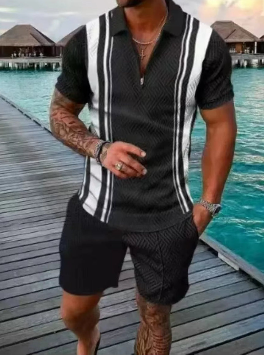 New 2025 Men'S Polo Suit Fashion Men Sets Solid Summer V-Neck Zipper Short Sleeve POLO Shirt+Shorts Two Pieces Men Casual Suit