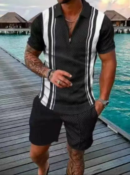 New 2025 Men'S Polo Suit Fashion Men Sets Solid Summer V-Neck Zipper Short Sleeve POLO Shirt+Shorts Two Pieces Men Casual Suit
