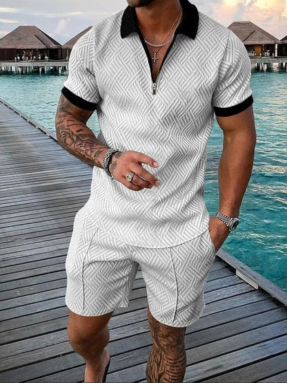 New 2025 Men'S Polo Suit Fashion Men Sets Solid Summer V-Neck Zipper Short Sleeve POLO Shirt+Shorts Two Pieces Men Casual Suit