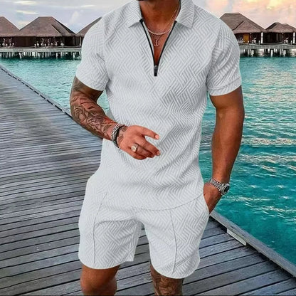 New 2025 Men'S Polo Suit Fashion Men Sets Solid Summer V-Neck Zipper Short Sleeve POLO Shirt+Shorts Two Pieces Men Casual Suit