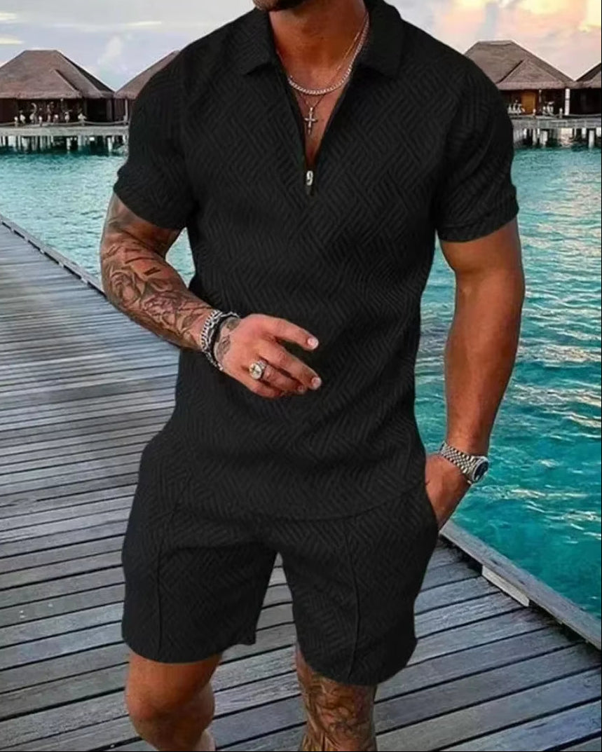 New 2025 Men'S Polo Suit Fashion Men Sets Solid Summer V-Neck Zipper Short Sleeve POLO Shirt+Shorts Two Pieces Men Casual Suit