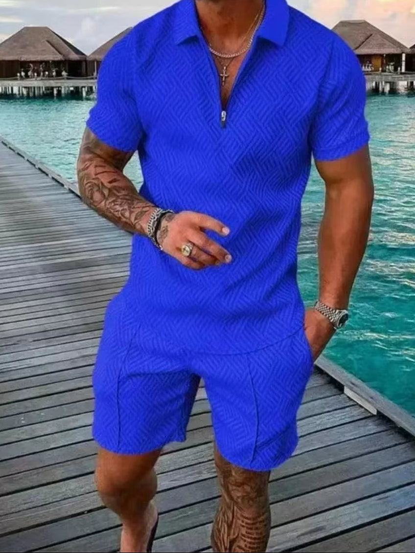 New 2025 Men'S Polo Suit Fashion Men Sets Solid Summer V-Neck Zipper Short Sleeve POLO Shirt+Shorts Two Pieces Men Casual Suit