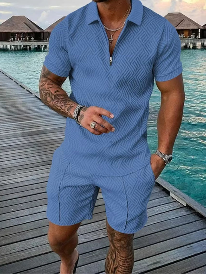 New 2025 Men'S Polo Suit Fashion Men Sets Solid Summer V-Neck Zipper Short Sleeve POLO Shirt+Shorts Two Pieces Men Casual Suit